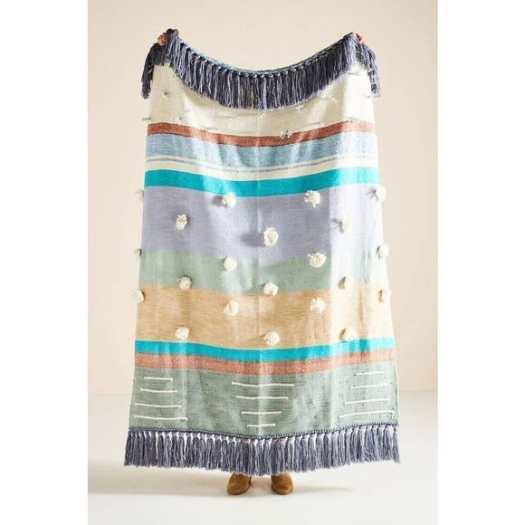 Anthropologie Other - Anthropologie All Roads Woven Baja Throw Blue Pommed Boho Fringe NEW